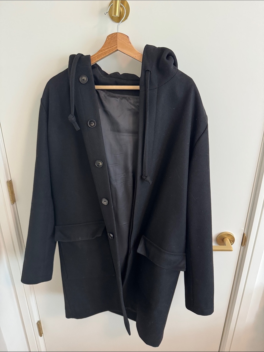 Men's Black Hooded Pea Coat - Classic Button Front